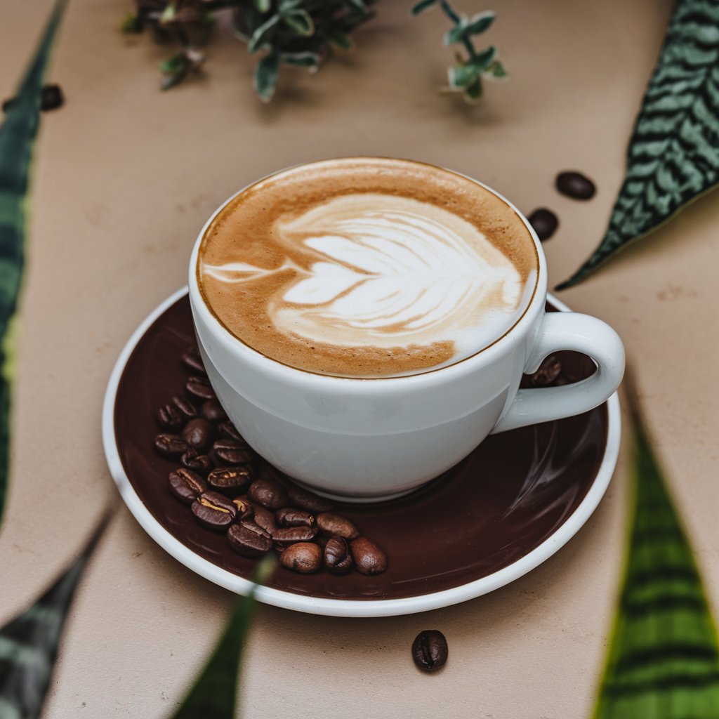 Leaf latte art with coffee beans