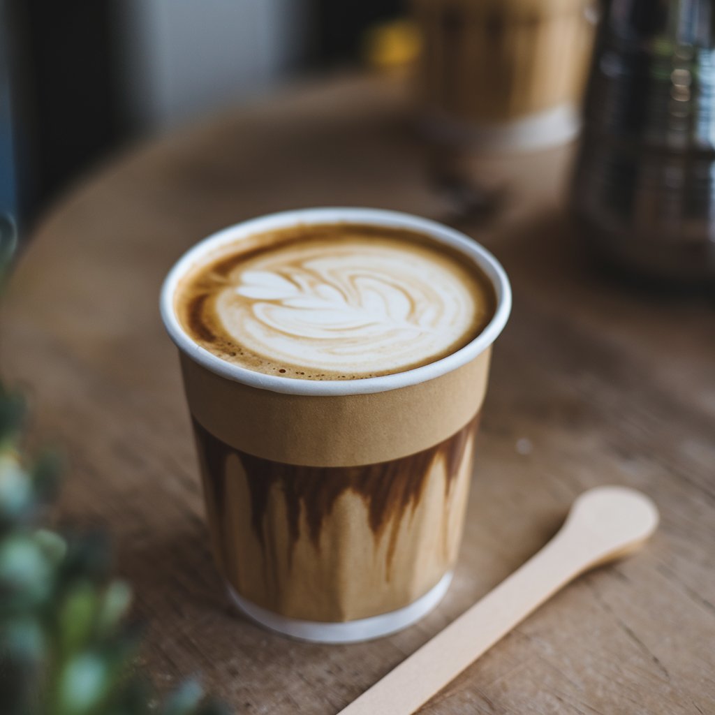 Professional latte in takeaway cup with latte art