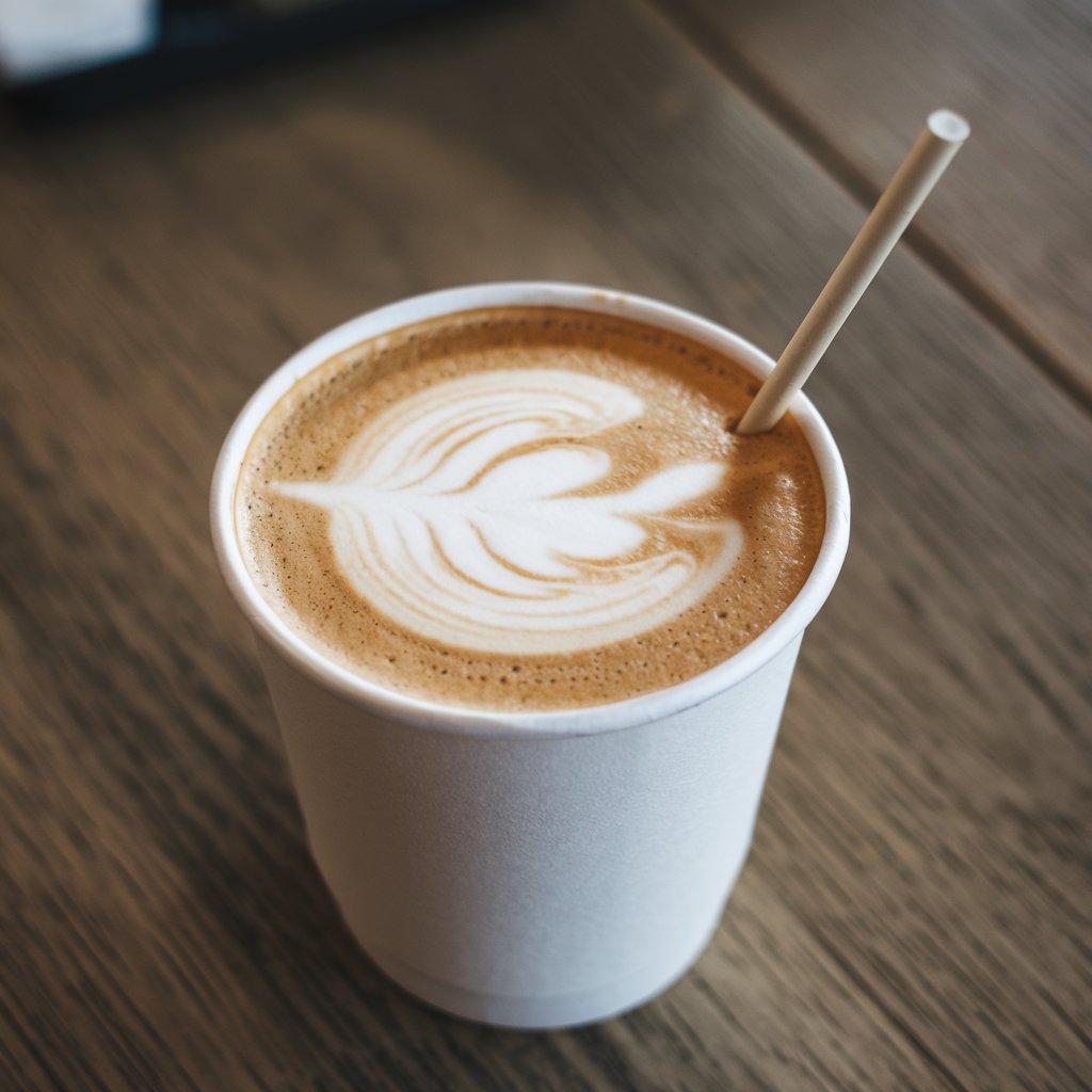 Latte with leaf latte art in paper cup